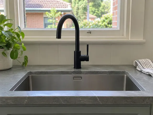 Black kitchen mixer tap over a stainless sink with stone benchtop and window splashback in Kahibah